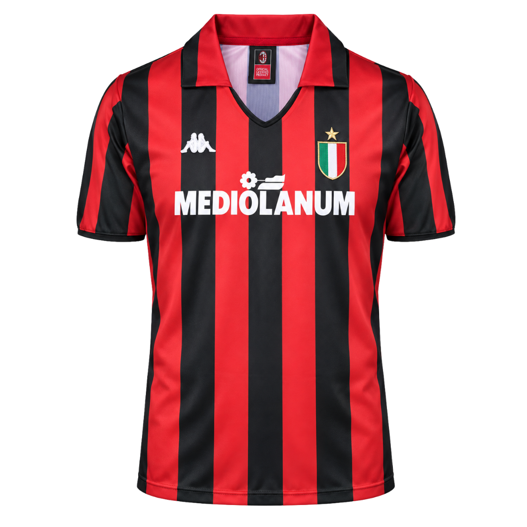 AC Milan 1988/89 home retro jersey with red and black stripes and Mediolanum sponsor - ITASPORT
