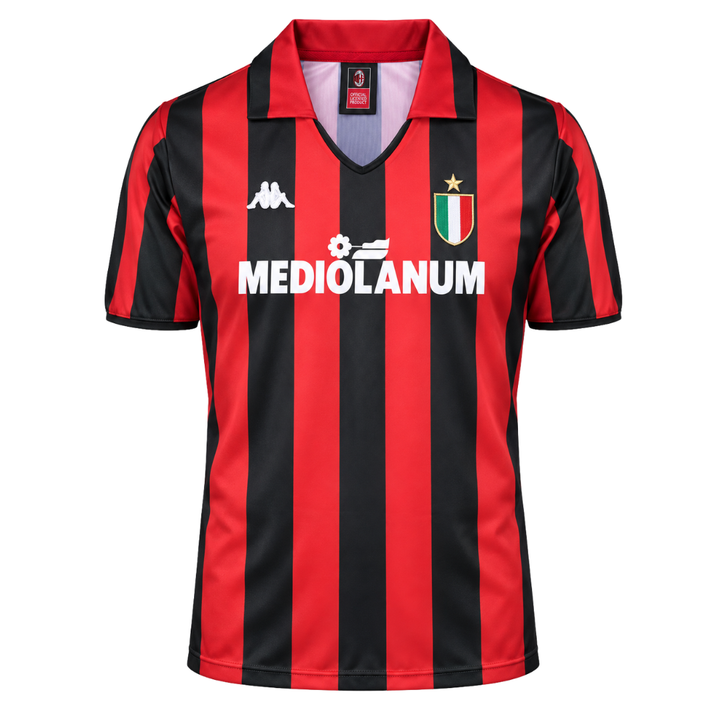 AC Milan 1988/89 home retro jersey with red and black stripes and Mediolanum sponsor - ITASPORT