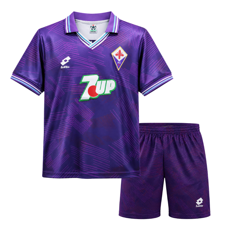 Front view: Fiorentina 1992/93 home kids kit with purple patterned jersey and matching shorts