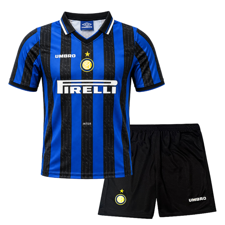Front view: Inter Milan 1997/98 home kids kit with blue and black striped jersey and black shorts