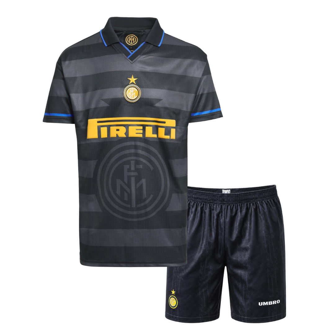 Front view: Inter Milan 1997/98 third kids kit with charcoal hooped jersey and black shorts