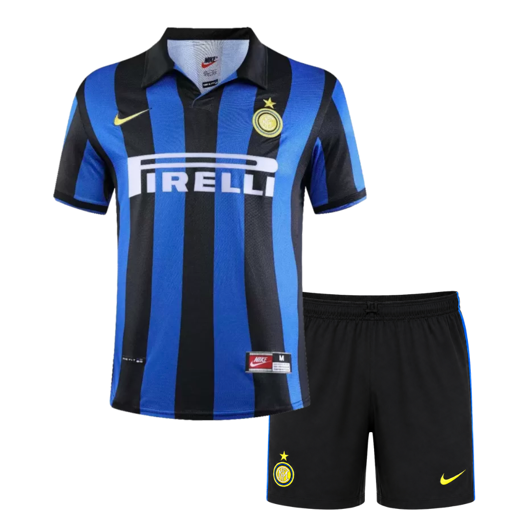 Front view: Inter Milan 1998/99 home kids kit with black and blue striped jersey and black shorts